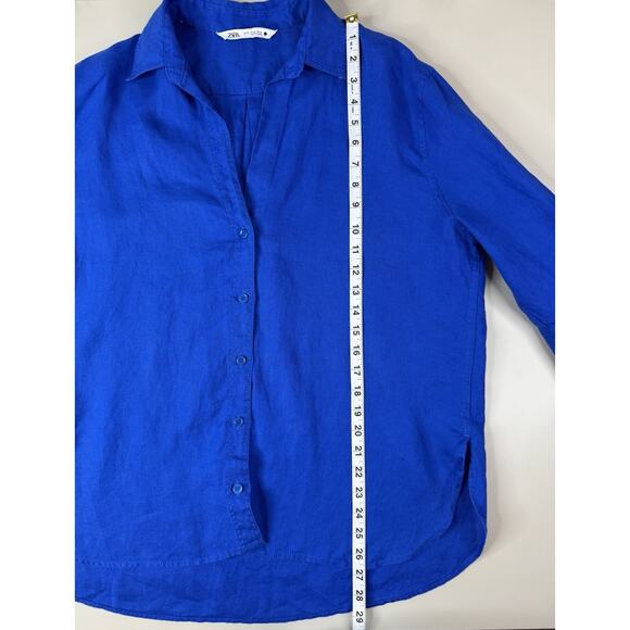 ZARA 100% Linen Oversized Button Down Shirt Women’s XS Royal Cobalt Blue Beachy - Picture 11 of 15